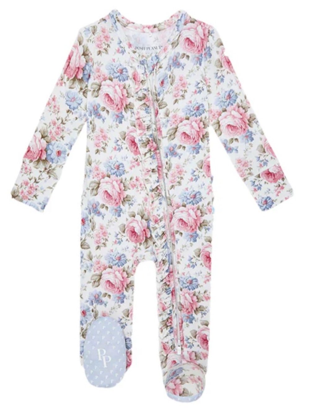 NWT Posh Peanut Etta Pink & Blue Floral Ruffle Zipper Footie 3-6M